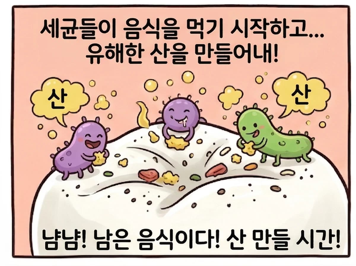 세균이 음식물 성분을 이용해 산을 만드는 과정을 설명한 원문 그림