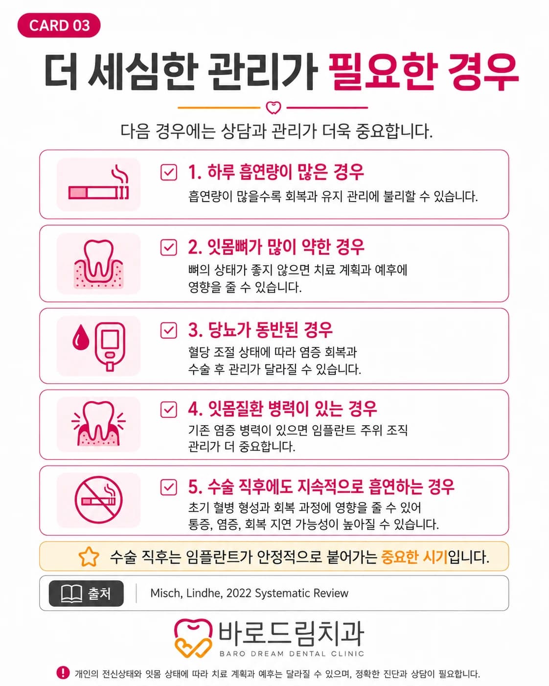 흡연이 임플란트 회복과 염증 관리에 미치는 영향을 정리한 원문 설명 이미지