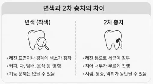 단순 착색과 이차 충치의 차이를 비교한 원문 교육 표
