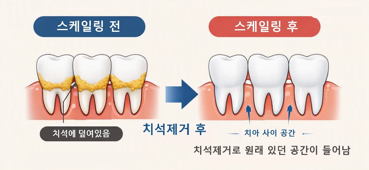 치석 제거 뒤 기존 치아 사이 공간이 드러나는 원리를 설명한 그림